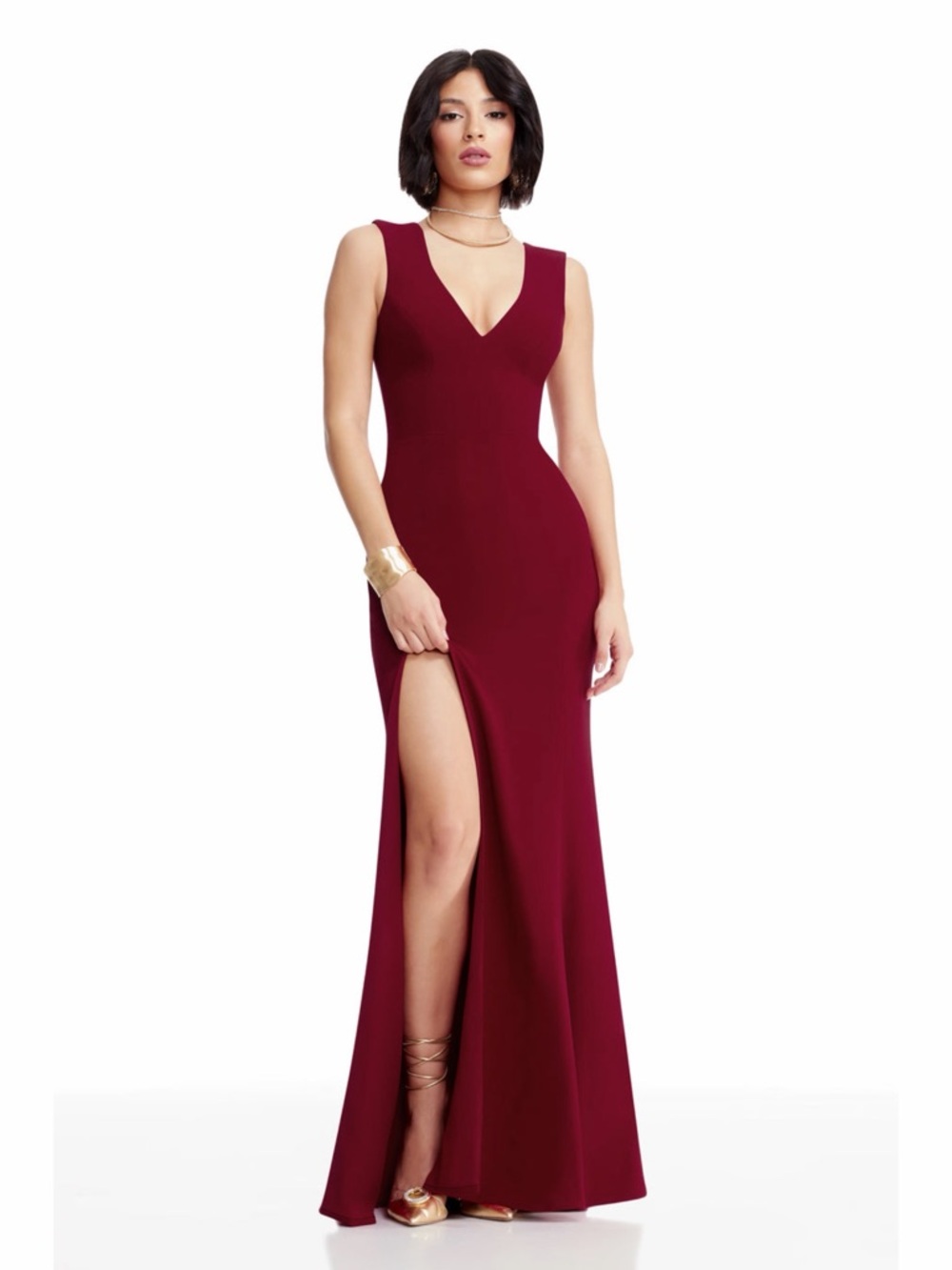 NWT Dress The Population Sandra Garnet Red Crepe Plunge Neckline Formal Gown